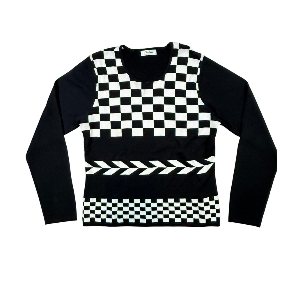 VTG Carducci Checkerboard Knit Top Womens Medium Black White Geometric Mod Indie